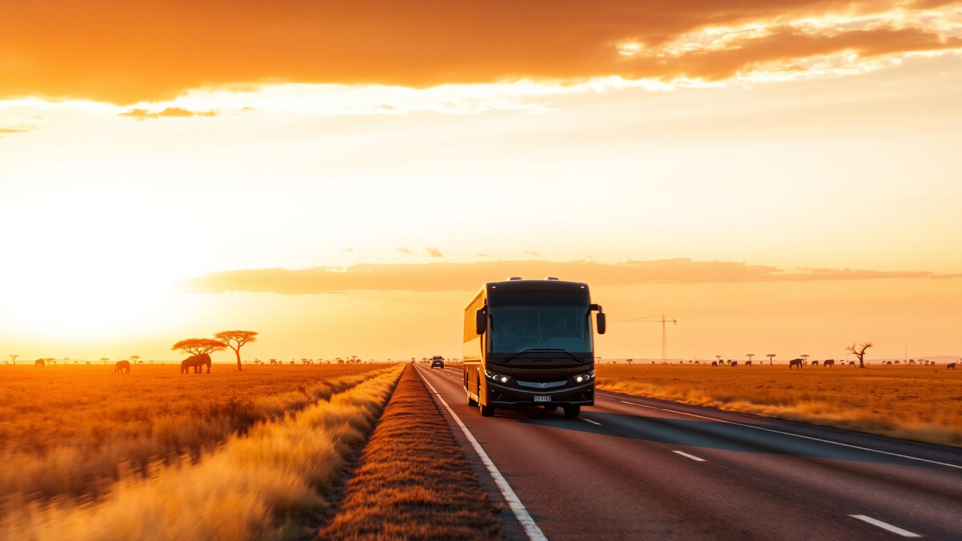 Coach travelling on an open African highway at sunset